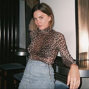 Ganni Leopard Print Turtleneck Mesh Top 